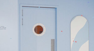 Blue commercial door in fabrication process