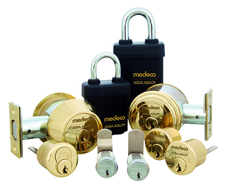 High-security Medeco locks and keys used in a master key system.