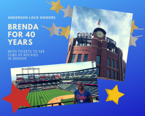 Collage of Wrigley Field and Brenda Asta in front of '40 Years' Graphic